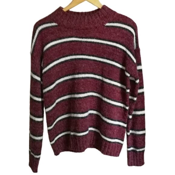 Stripes Burgundy & White Casual Knitted Crewneck Sweater NWT Size Large - Picture 1 of 14